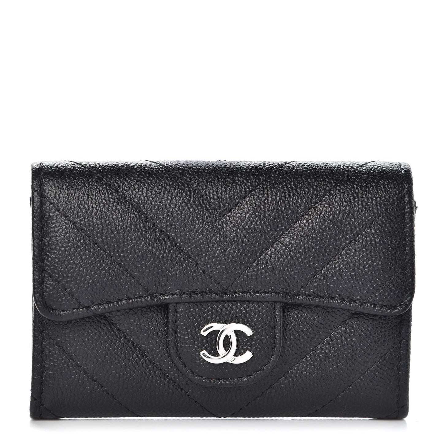 Iridescent Caviar Chevron Quilted Flap Card Holder Black