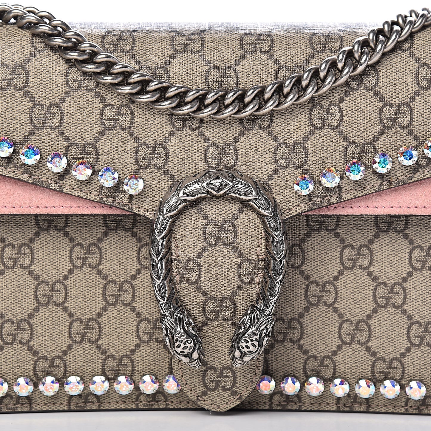 GG Supreme Monogram Suede Crystal Small Dionysus Shoulder Bag Beige Ebony Light Peonia