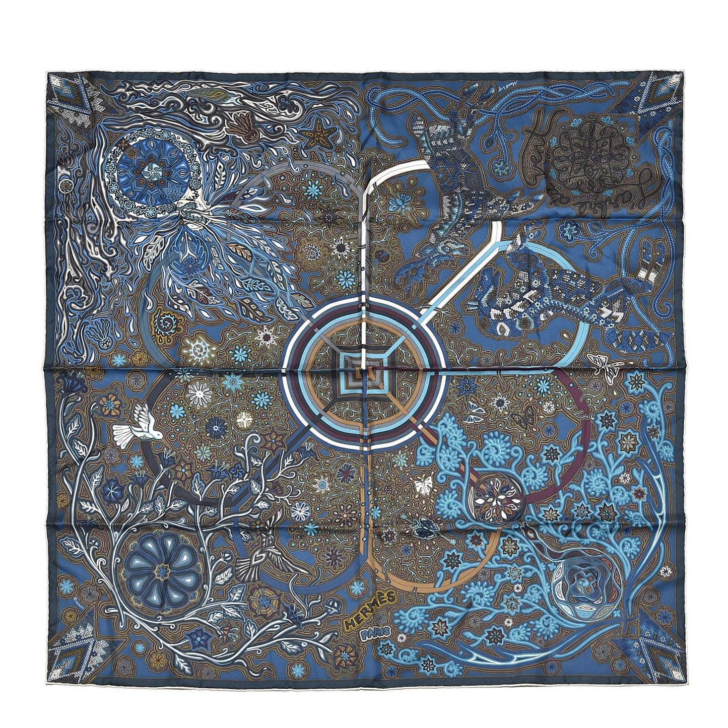 Silk L'Arbre Du Vent Scarf 90 Ardoise Creme Kaki Clair