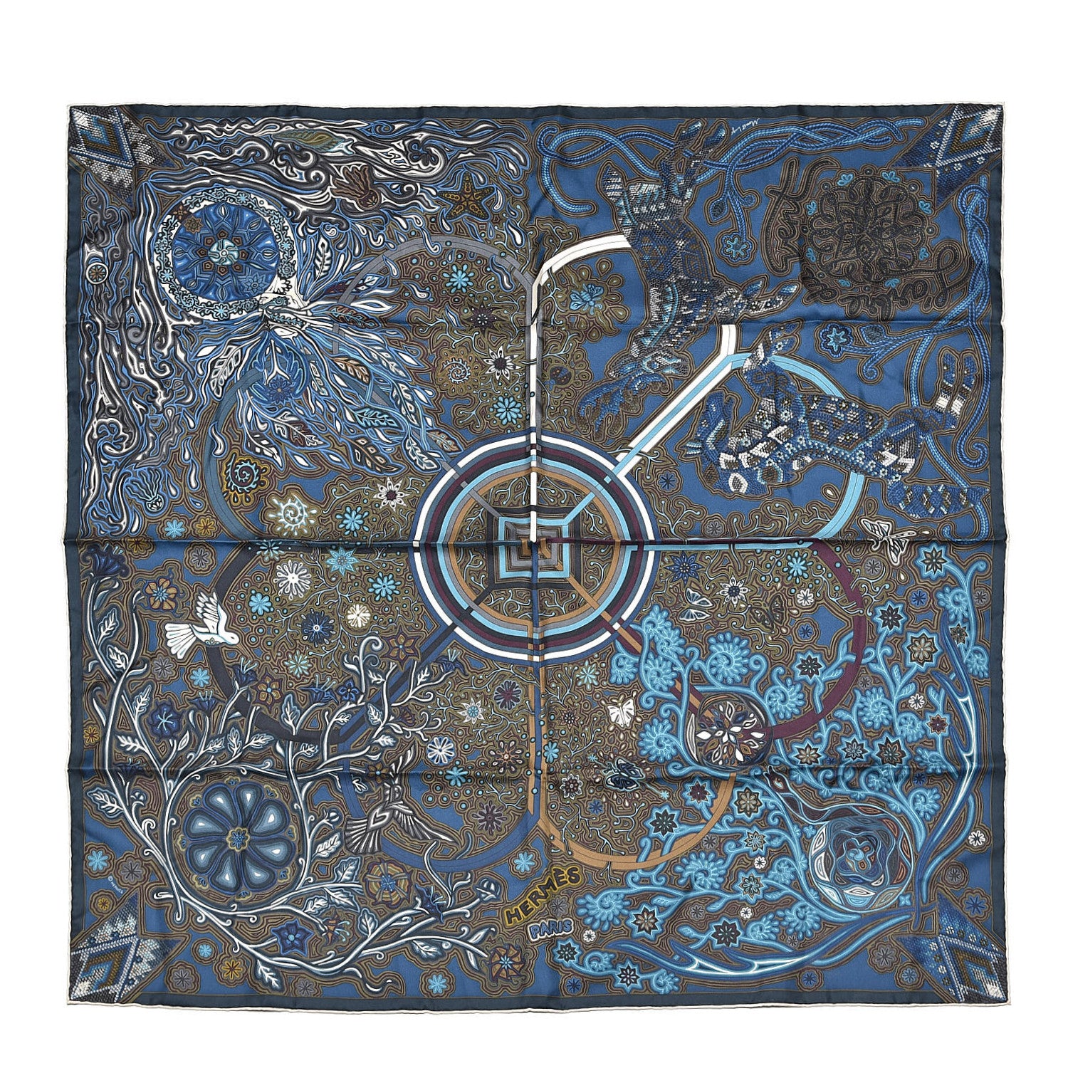 Hermes Silk L'Arbre Du Vent Scarf 90 Ardoise Creme Kaki Clair 1 of 5