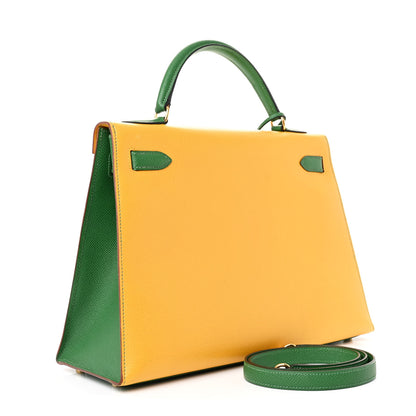 Hermes Courchevel Tri-Color Kelly Sellier 32 Rouge Vif Jaune Vert Bengale 3 of 12