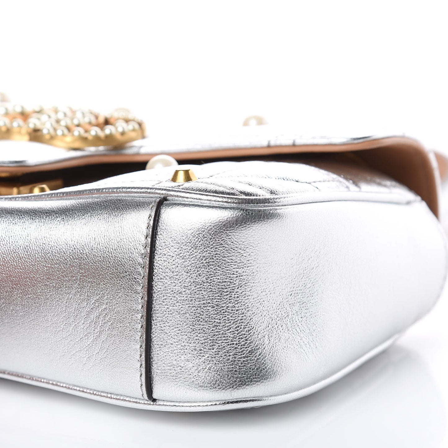 Metallic Calfskin Matelasse Studded Mini Pearly GG Marmont Shoulder Bag Silver