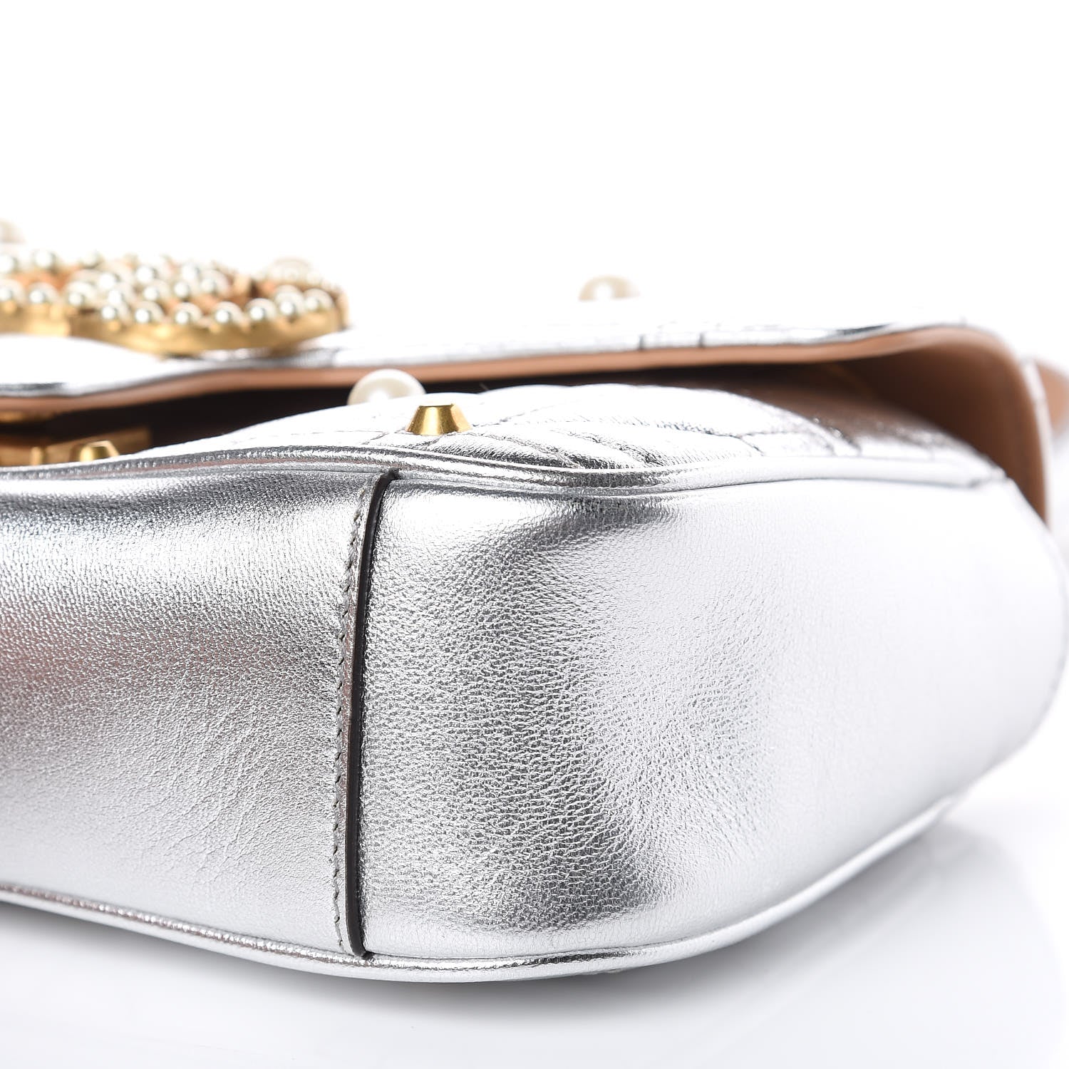Gucci Metallic Calfskin Matelasse Studded Mini Pearly GG Marmont Shoulder Bag Silver 9 of 10