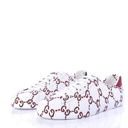 Gucci Calfskin GucciGhost Print Mens Ace Sneakers 8 White Hibiscus Red 3 of 10