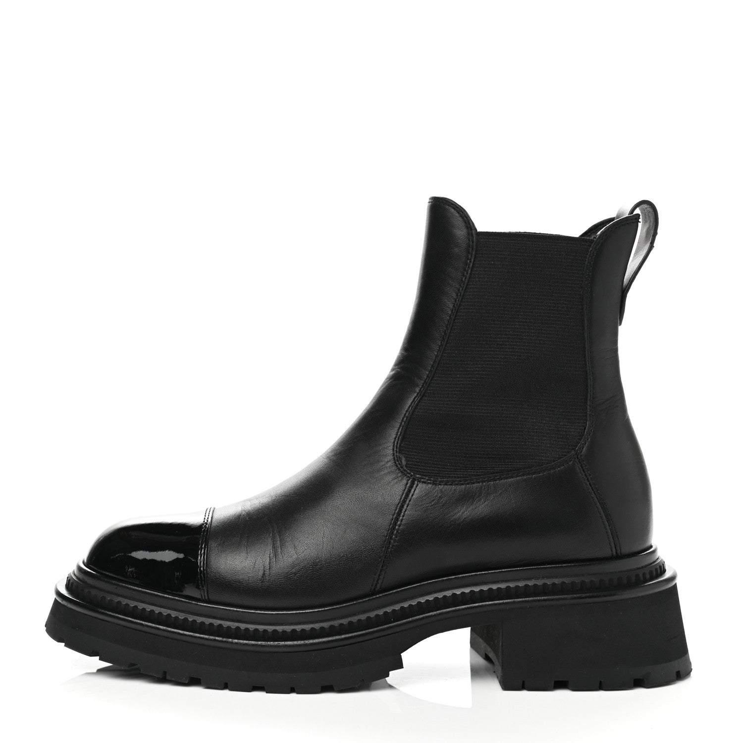Chanel Calfskin Patent Cap Toe Ankle Boots 37.5 Black 1 of 9