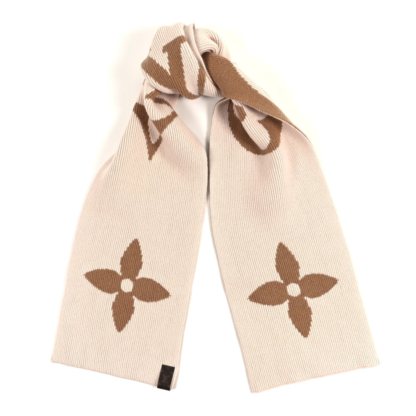 Wool Maille Knit Flight Mode LV Medallion Scarf Camel Rose