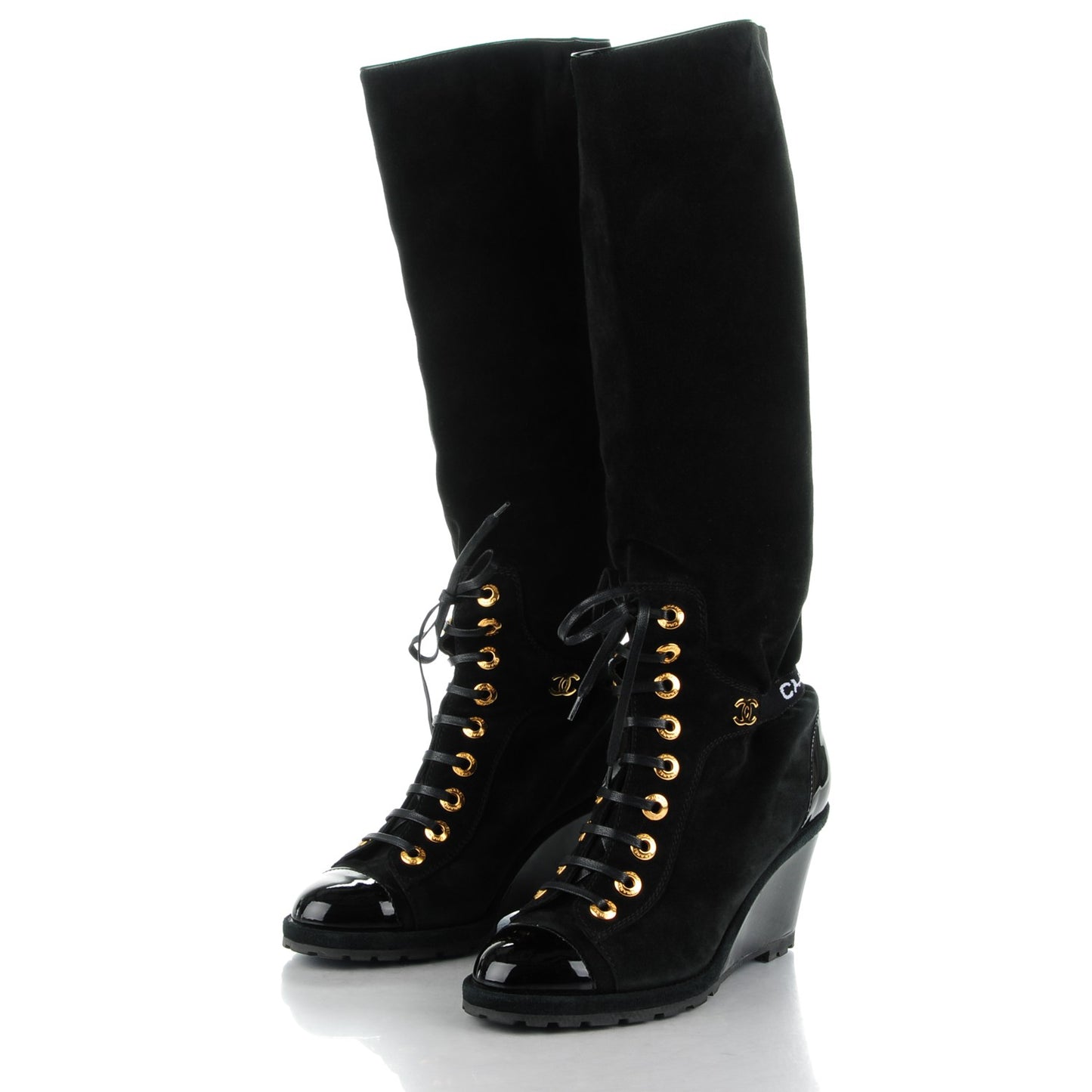 Suede Patent Cap Toe Wedge Boots 40 Black