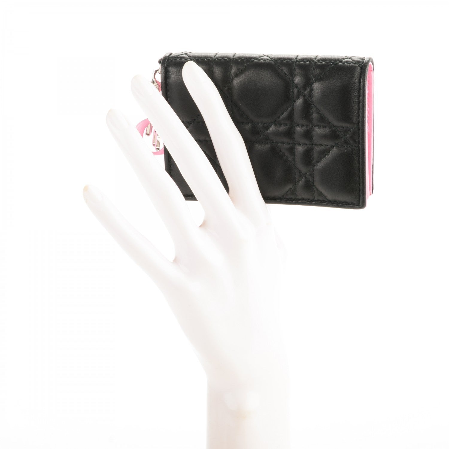 Christian Dior Lambskin Cannage Bi-Color Small Lady Dior Flap Card Holder Black Pink 2 of 8