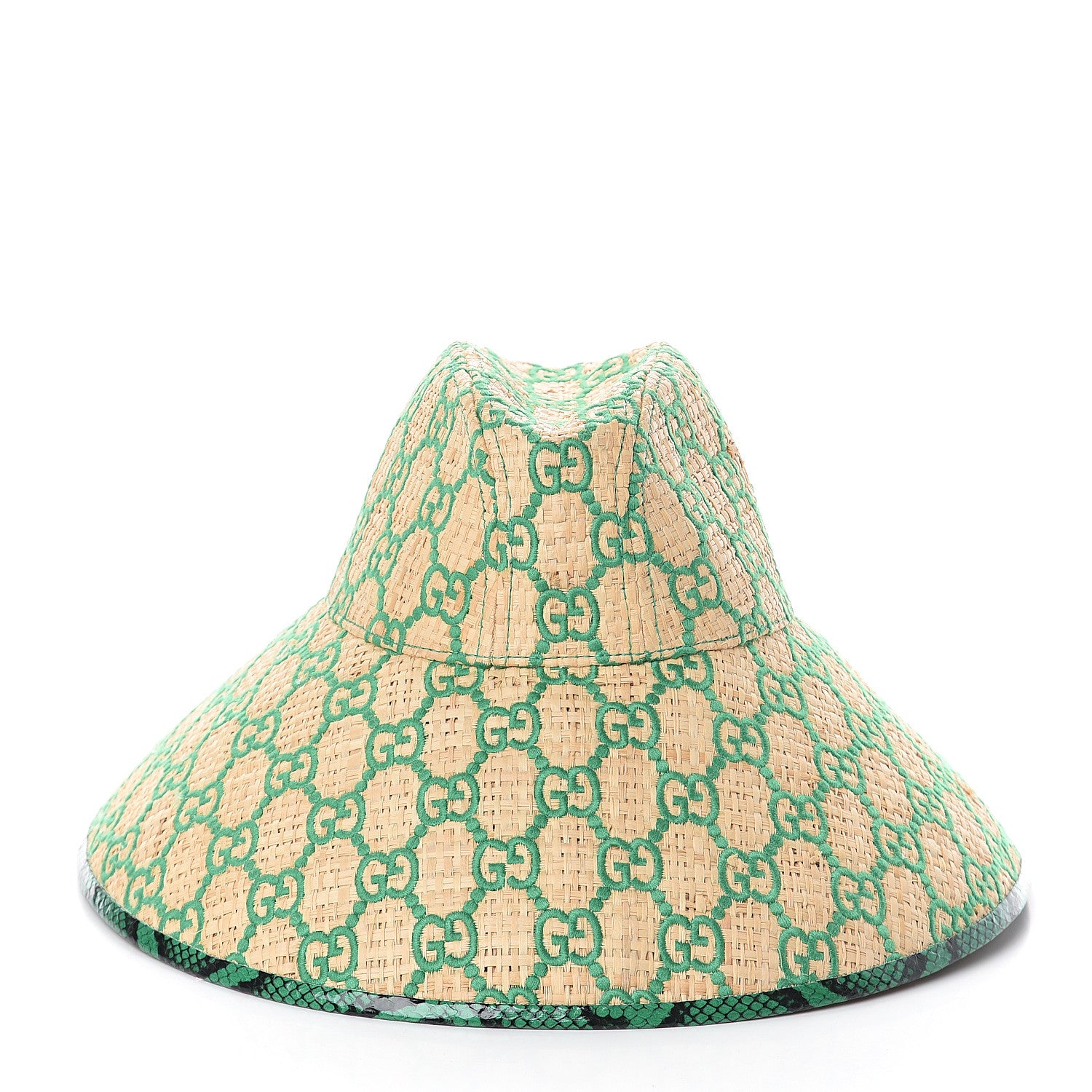 Gucci Raffia Elaphe GG Monogram Embroidered Wide Brim Hat Ivory Dark Green 2 of 6
