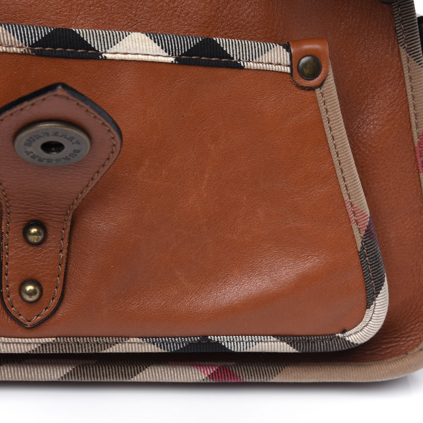 Calfskin House Check Trim Bates Shoulder Bag Cognac