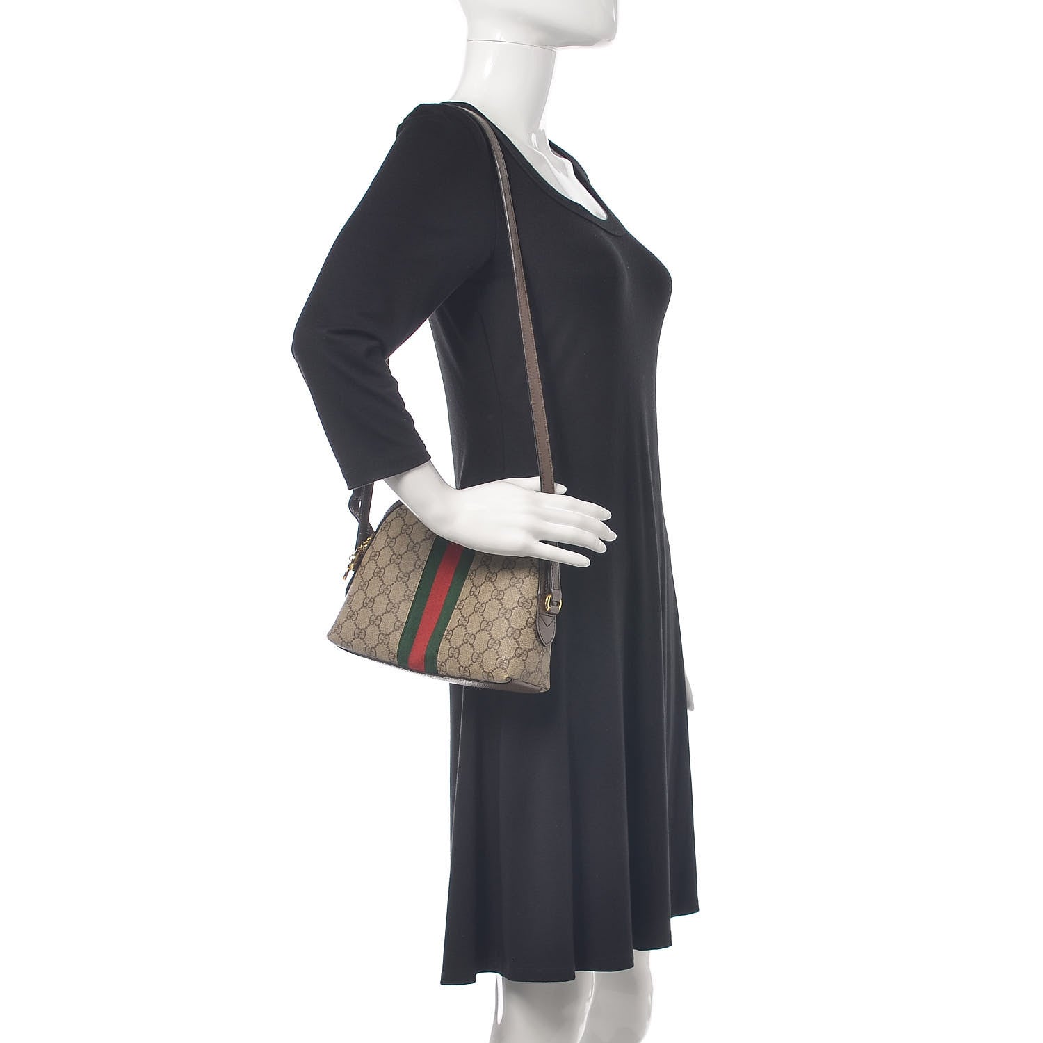 Gucci GG Supreme Monogram Textured Dollar Calfskin Web Small Ophidia Dome Shoulder Bag Beige Ebony New Acero 2 of 12