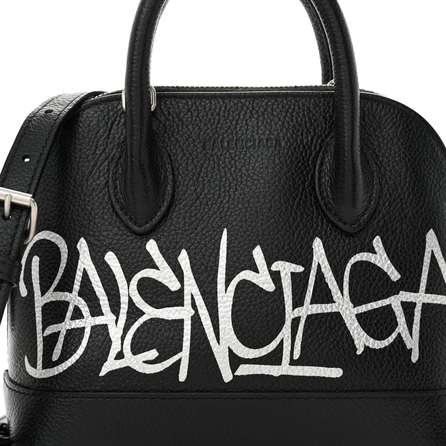 Grained Calfskin Graffiti Print Logo XXS Ville Top Handle Bag Black Silver