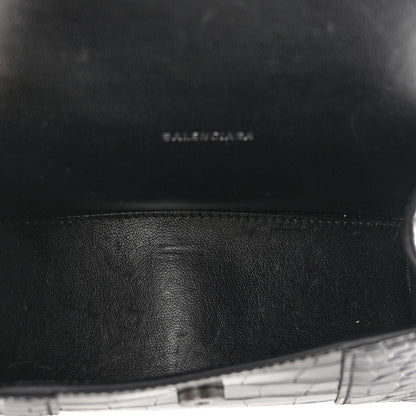 Balenciaga Shiny Calfskin Monochrome Crocodile Embossed Hourglass Top Handle Bag XS Black 6 of 10