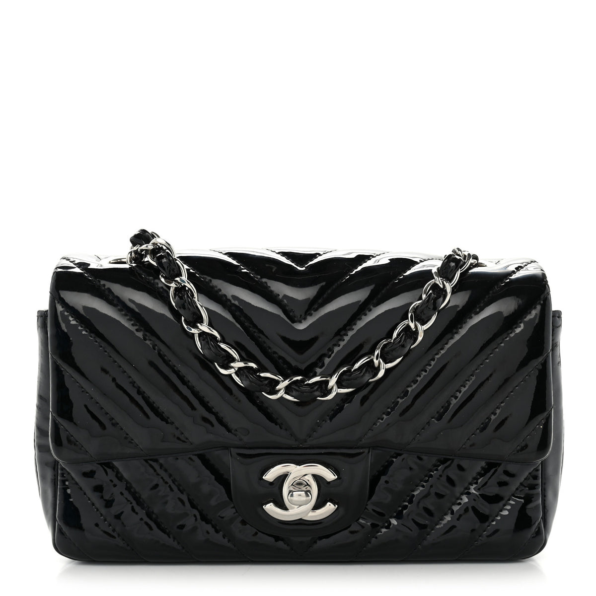 Patent Calfskin Chevron Quilted Mini Rectangular Flap Black