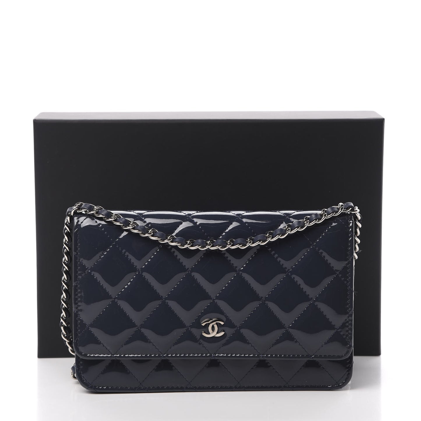 Patent Quilted Wallet On Chain WOC Navy Blue