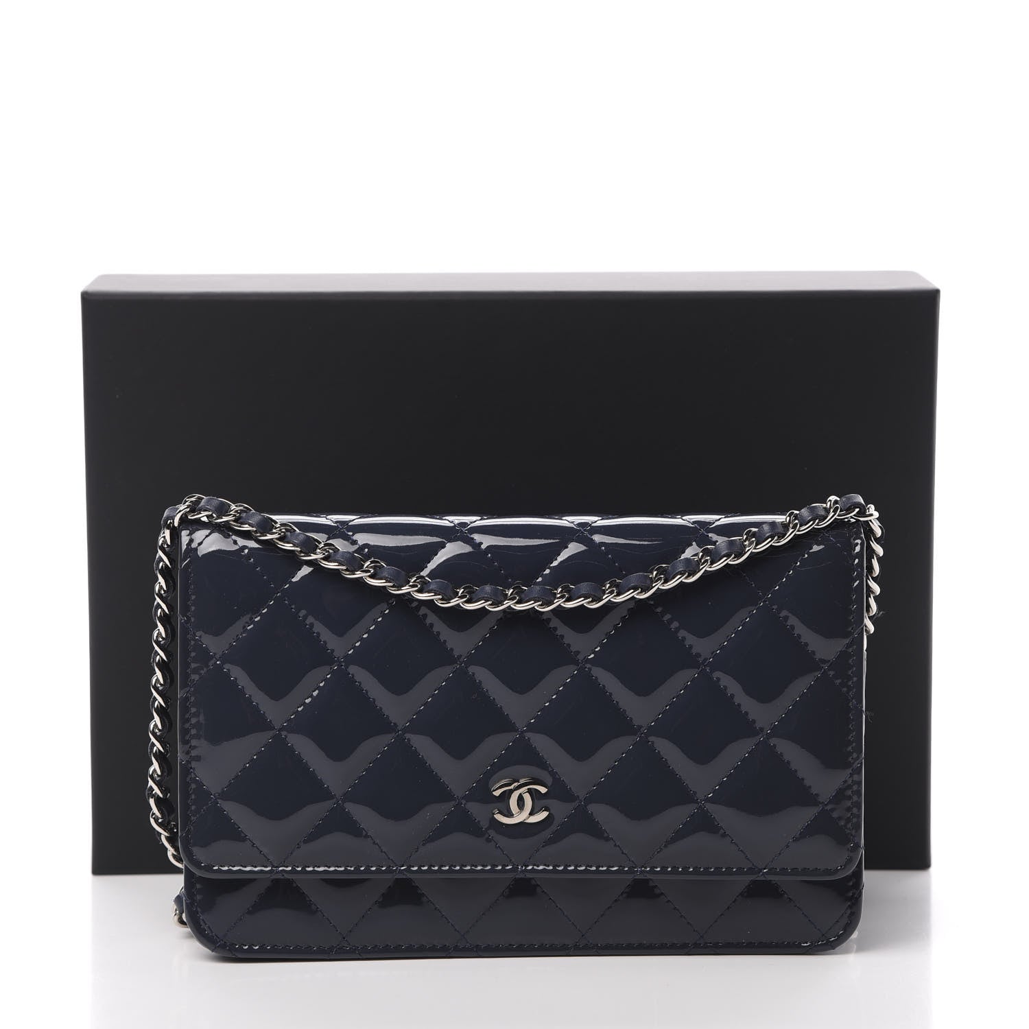 Chanel Patent Quilted Wallet On Chain WOC Navy Blue 12 of 12