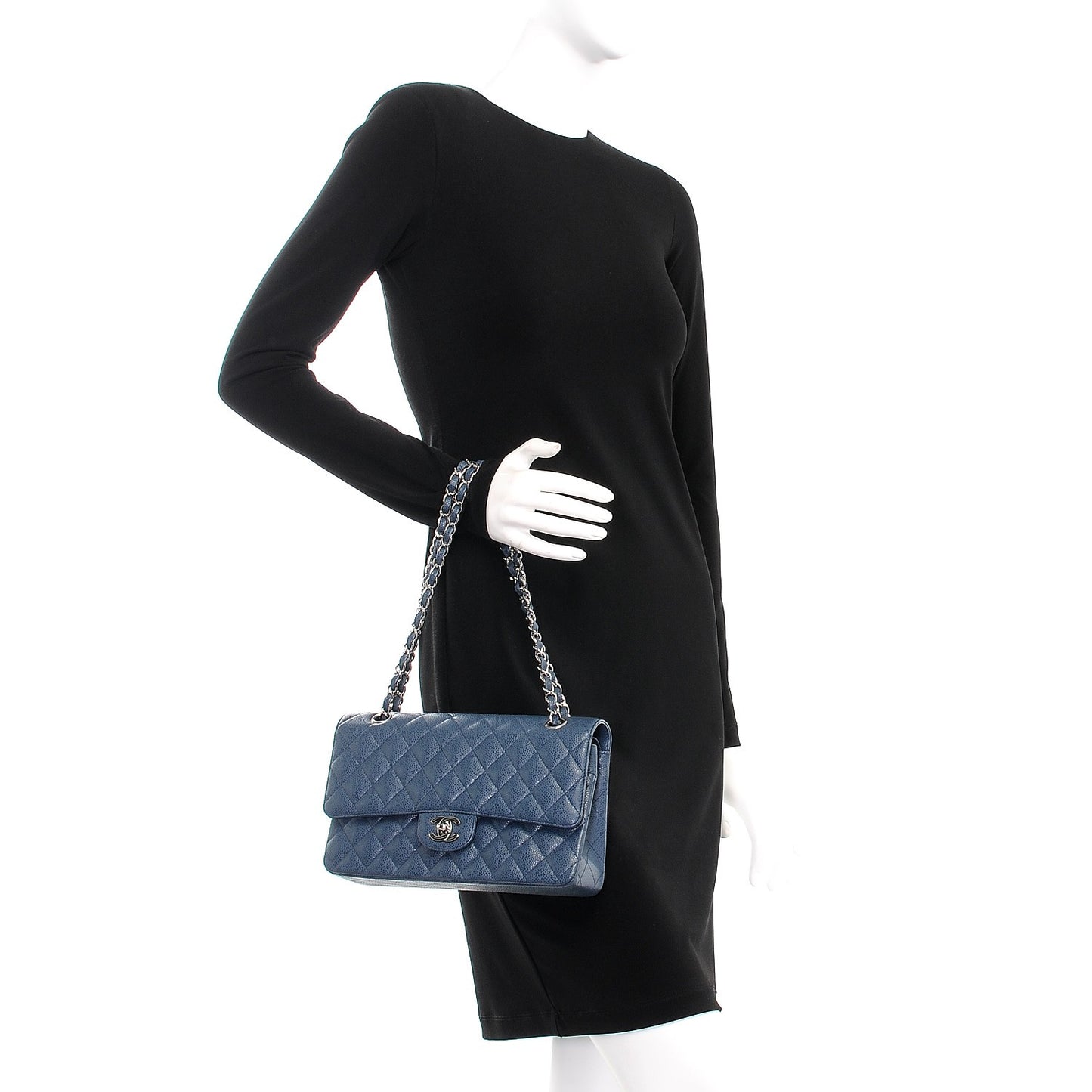 Caviar Quilted Medium Double Flap Blue