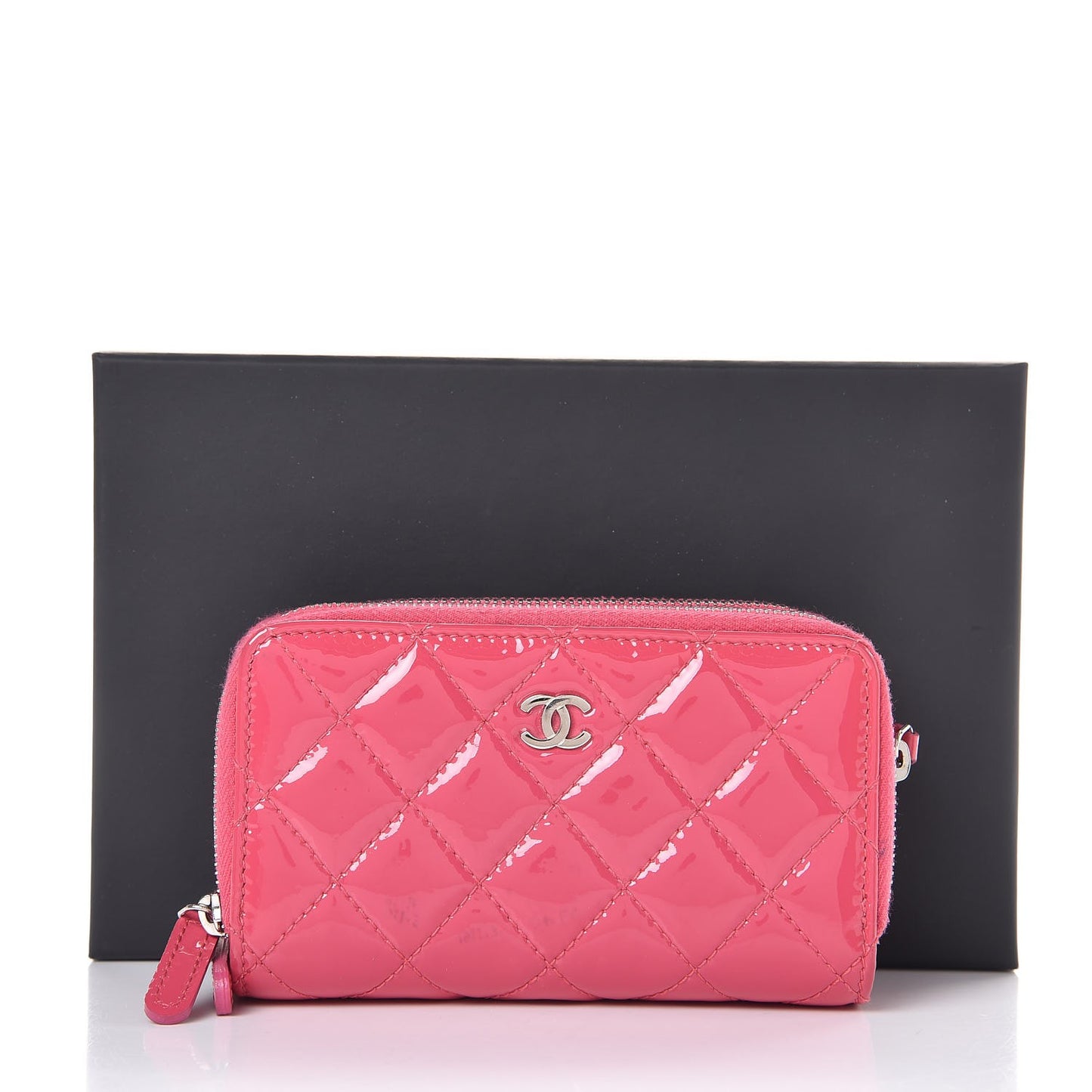 Patent Calfskin Quilted Zip Around Phone Holder Fuchsia