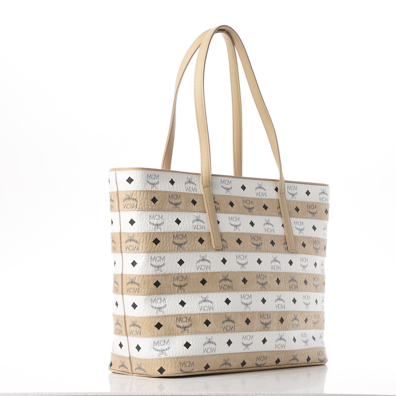 MCM Visetos Spot Stripped Medium Shopping Tote Beige White 3 of 10