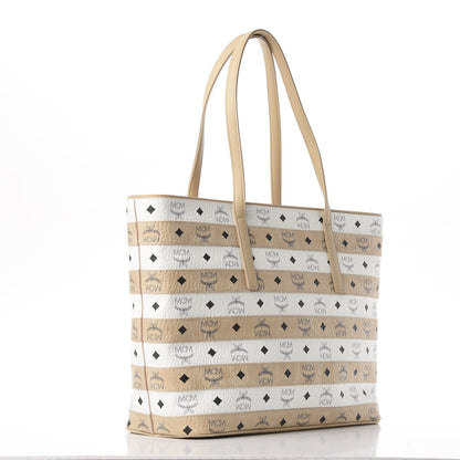 MCM Visetos Spot Stripped Medium Shopping Tote Beige White 3 of 10