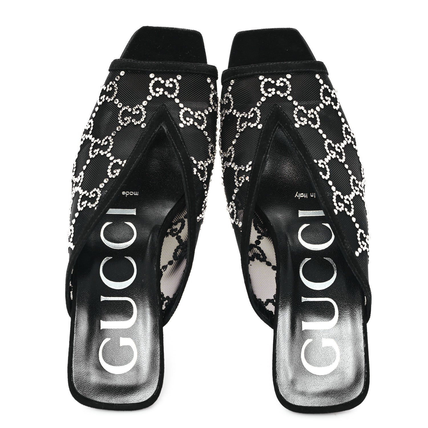 Gucci Tela Retino Kid Scamosciato Crystal GG Monogram Square G 95mm Slide Sandals 35 Black 2 of 9