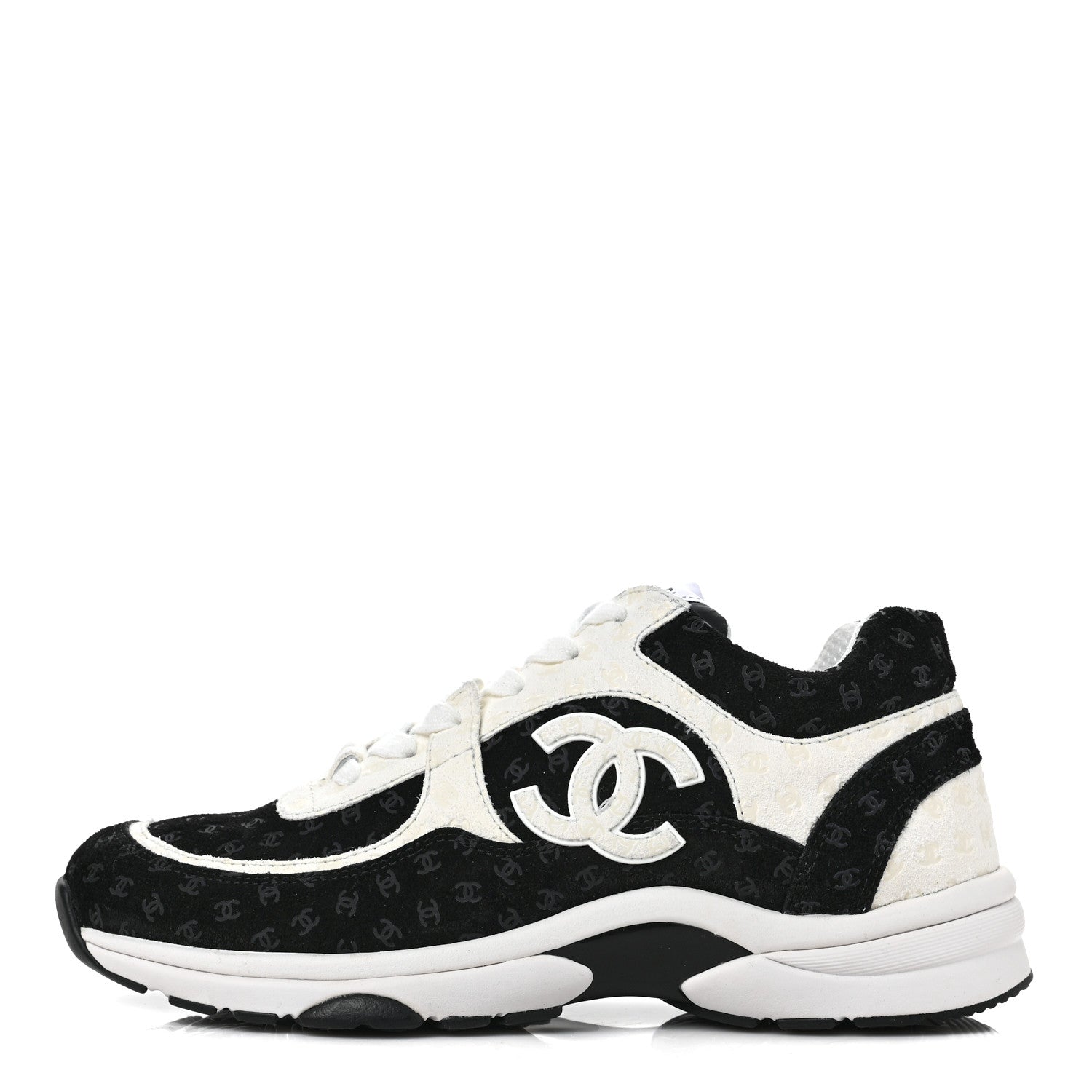 Chanel Suede Calfskin Printed CC Sneakers 38.5 Black White 1 of 9