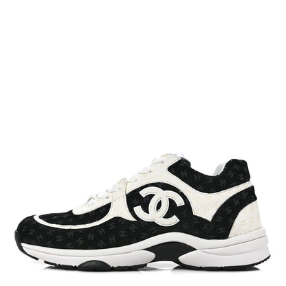 Chanel Suede Calfskin Printed CC Sneakers 38.5 Black White 1 of 9