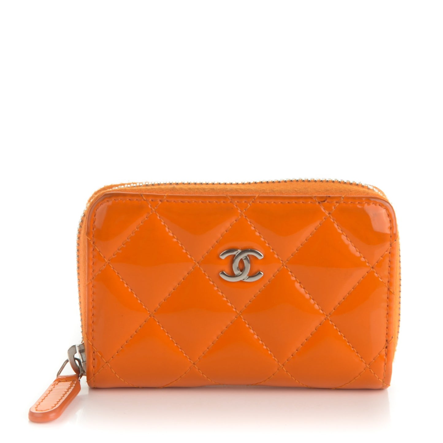 Patent Calfskin Quilted Zip Coin Purse Orange