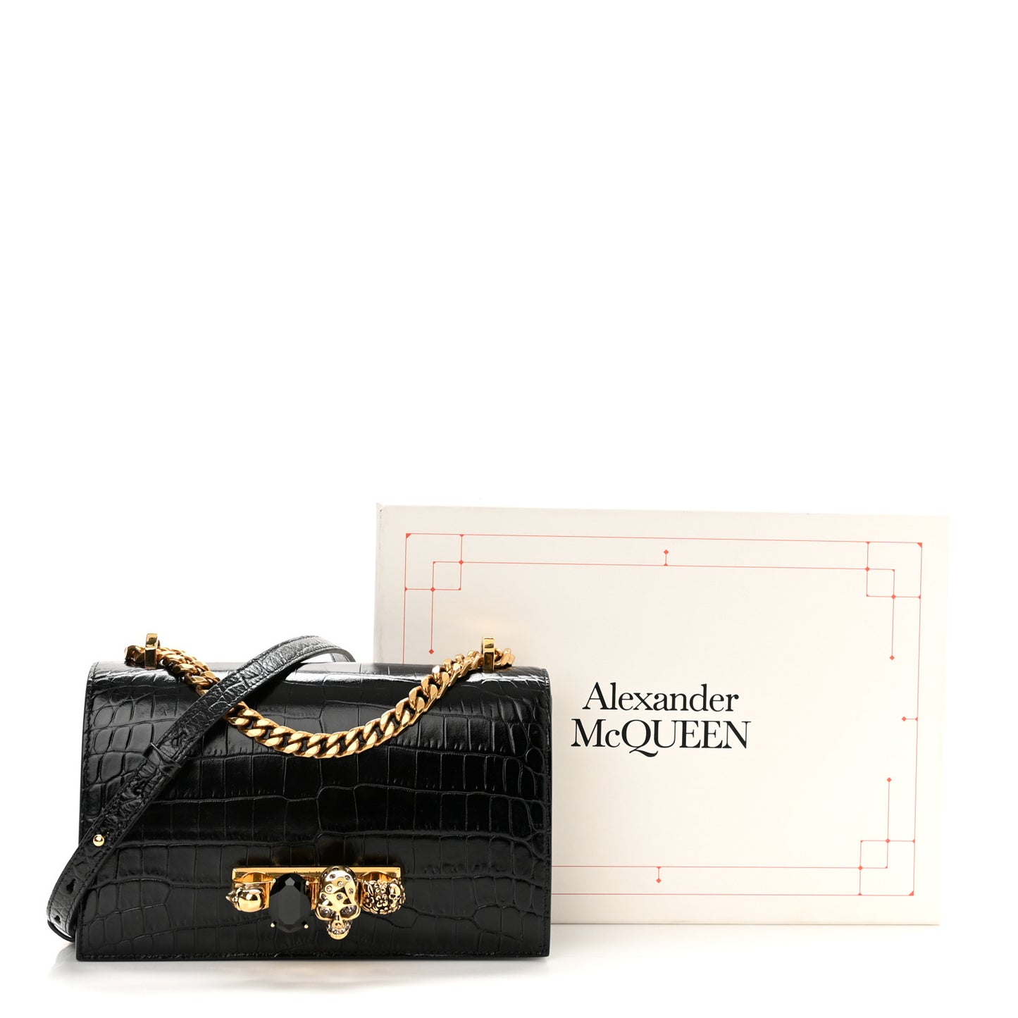 Shiny Crocodile Embossed Jeweled Satchel Black