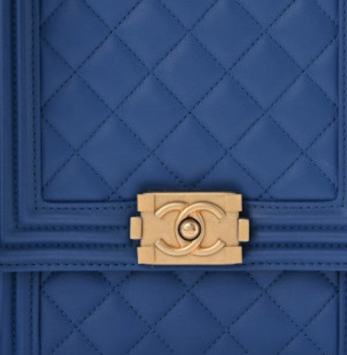 Calfskin Quilted North South Boy Flap Blue