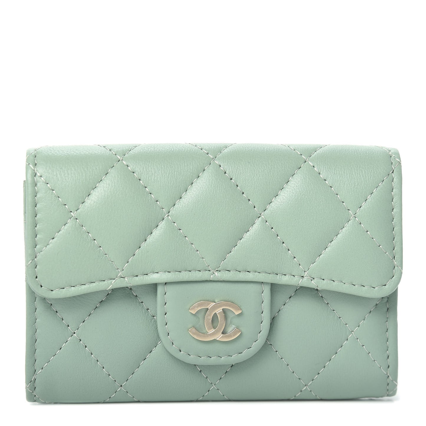 Lambskin Quilted Flap Card Holder Wallet Green
