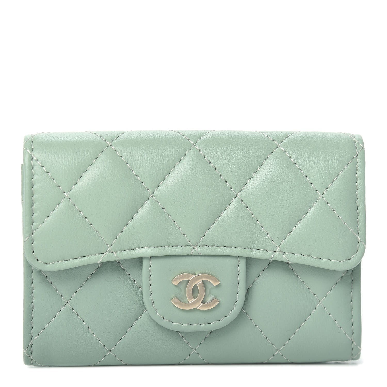 Chanel Lambskin Quilted Flap Card Holder Wallet Green 1 of 8