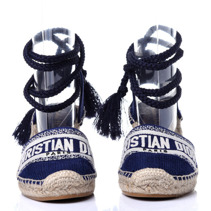 Christian Dior Canvas Embroidered Granville Ankle Tie Espadrille Wedges 36.5 Indigo Blue 3 of 15