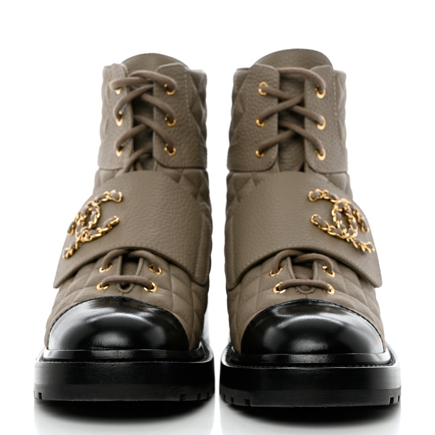 Calfskin Shiny Calfskin Quilted Lace Up Combat Boots 40.5 Dark Beige Black