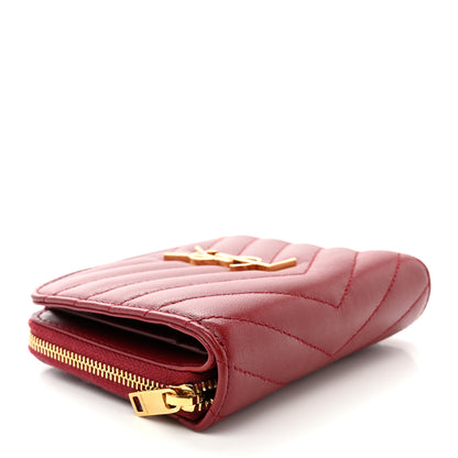 Saint Laurent Lambskin Matelasse Chevron Monogram Compact Zip Around Wallet Rouge Opium 4 of 9