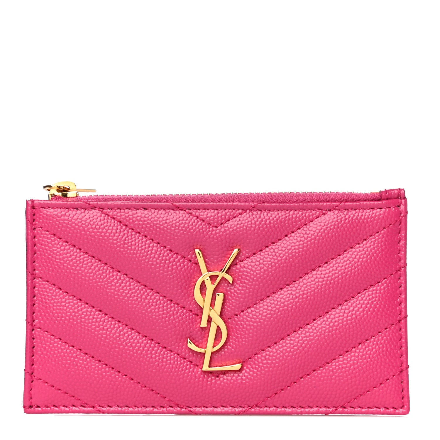Saint Laurent Grain De Poudre Matelasse Chevron Monogram Fragments Zippered Card Case Fresh Fuxia 1 of 10