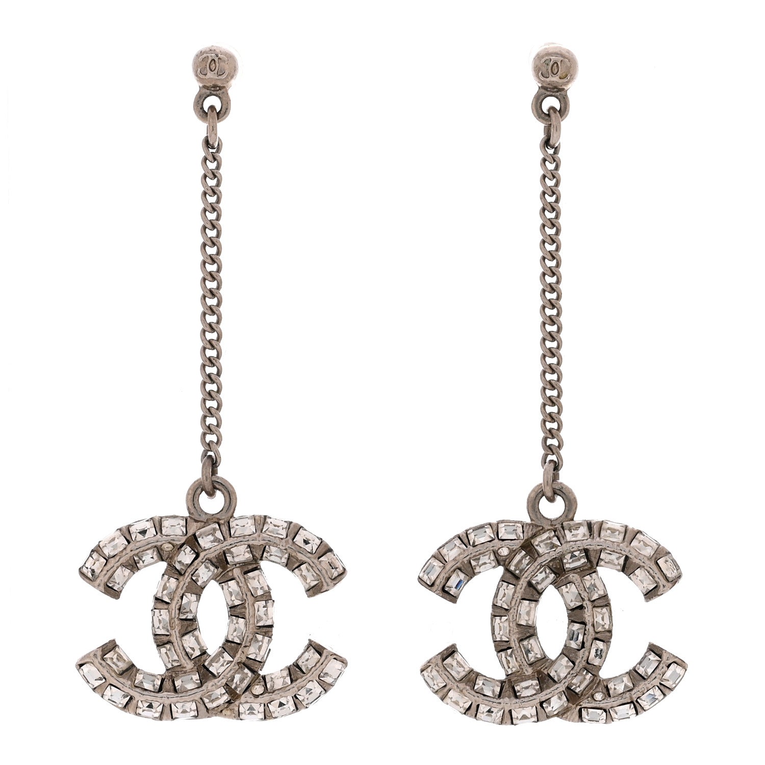 Chanel Baguette Crystal CC Drop Earrings Silver 1 of 5