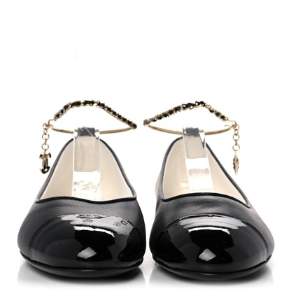 Chanel Lambskin Patent Calfskin Cap Toe Ankle Chain Ballerina Flats 39.5 Black 4 of 8