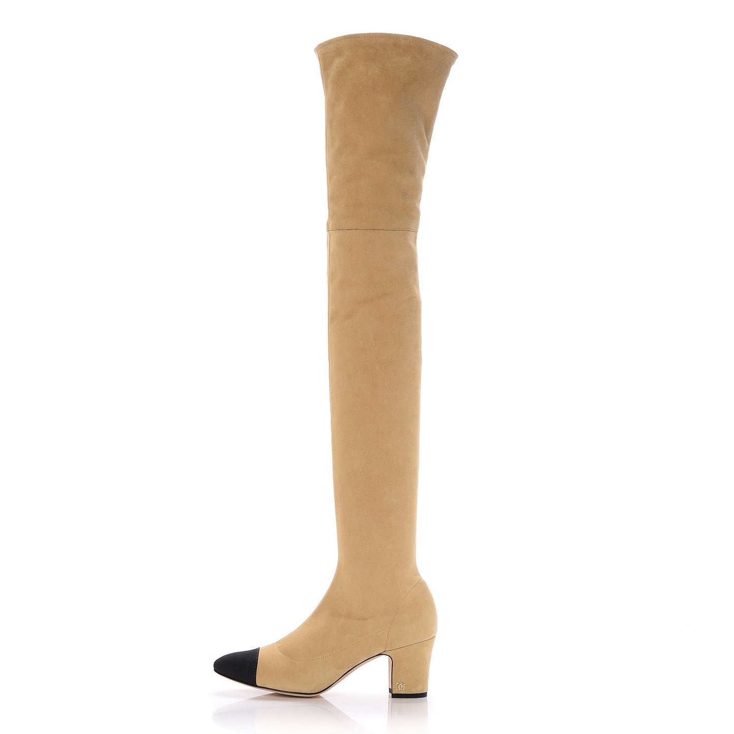 Suede Lambskin Grosgrain Stretch Cap Toe Over The Knee Boots 37.5 Beige Black