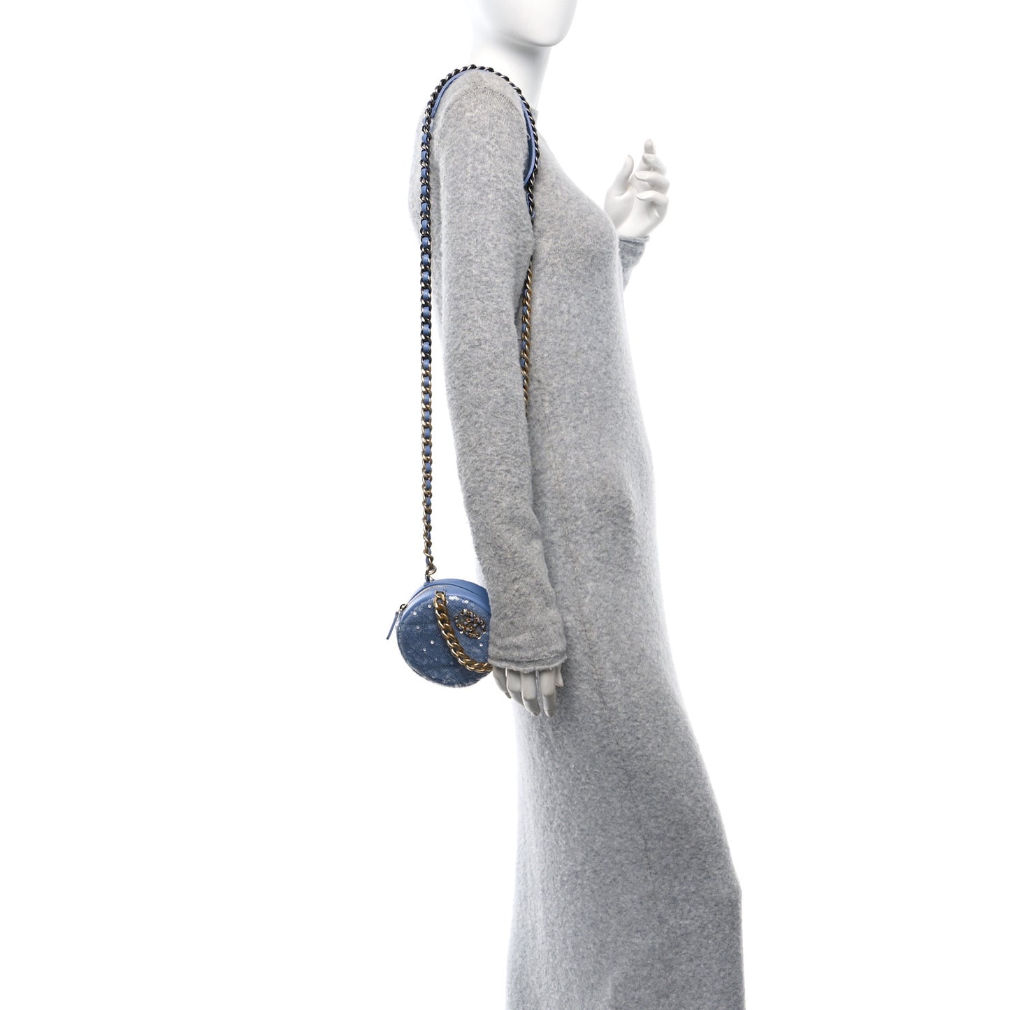 Sequin Chanel 19 Round Clutch With Chain Light Blue