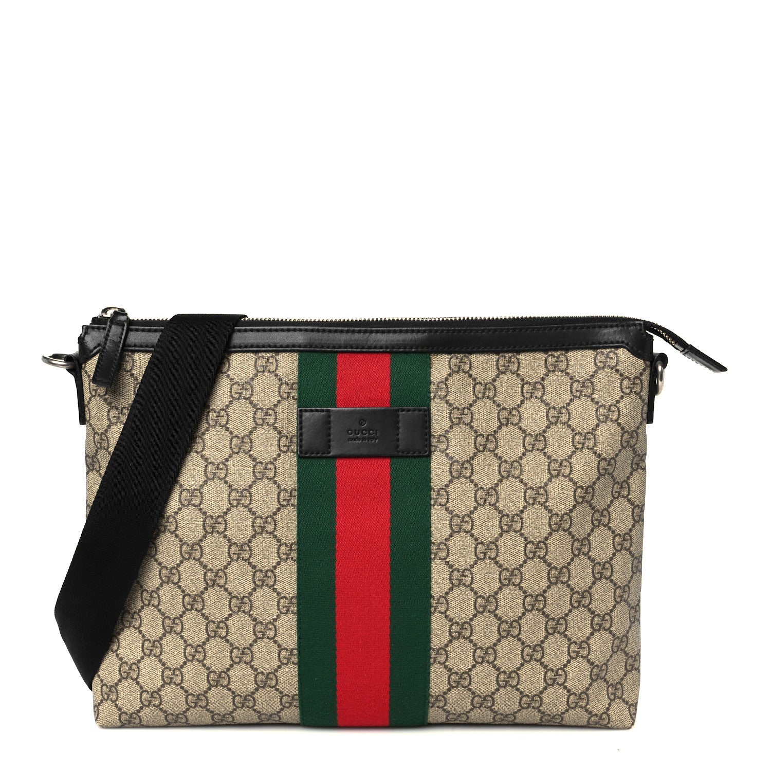 Gucci GG Supreme Monogram Calfskin Web Medium Flat Messenger Bag Beige Ebony Black 1 of 12