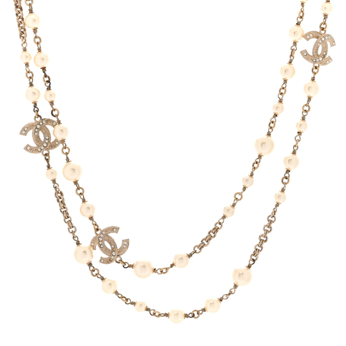 Pearl Crystal CC Long Necklace Gold