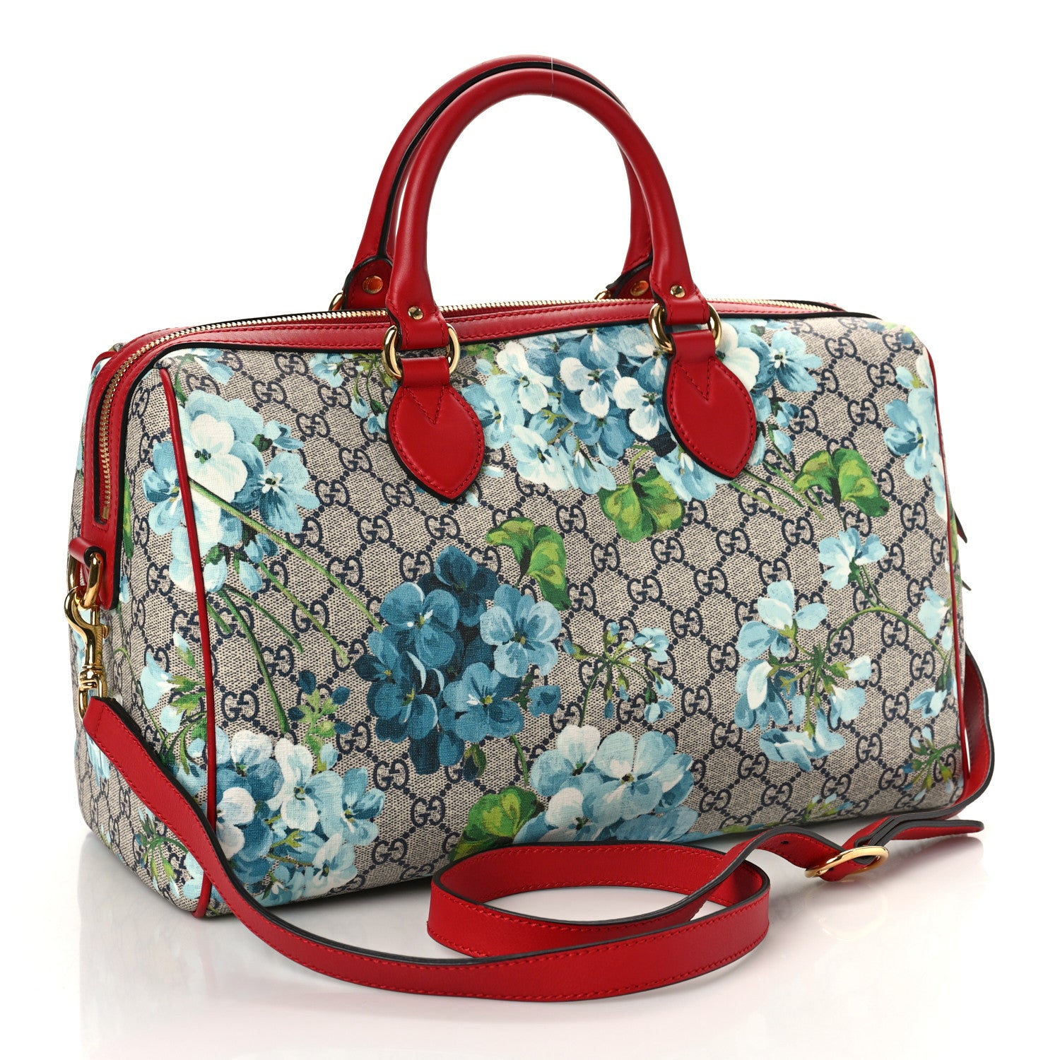 Gucci GG Supreme Monogram Blooms Medium Boston Beige Blue Navy Hibiscus Red 3 of 10