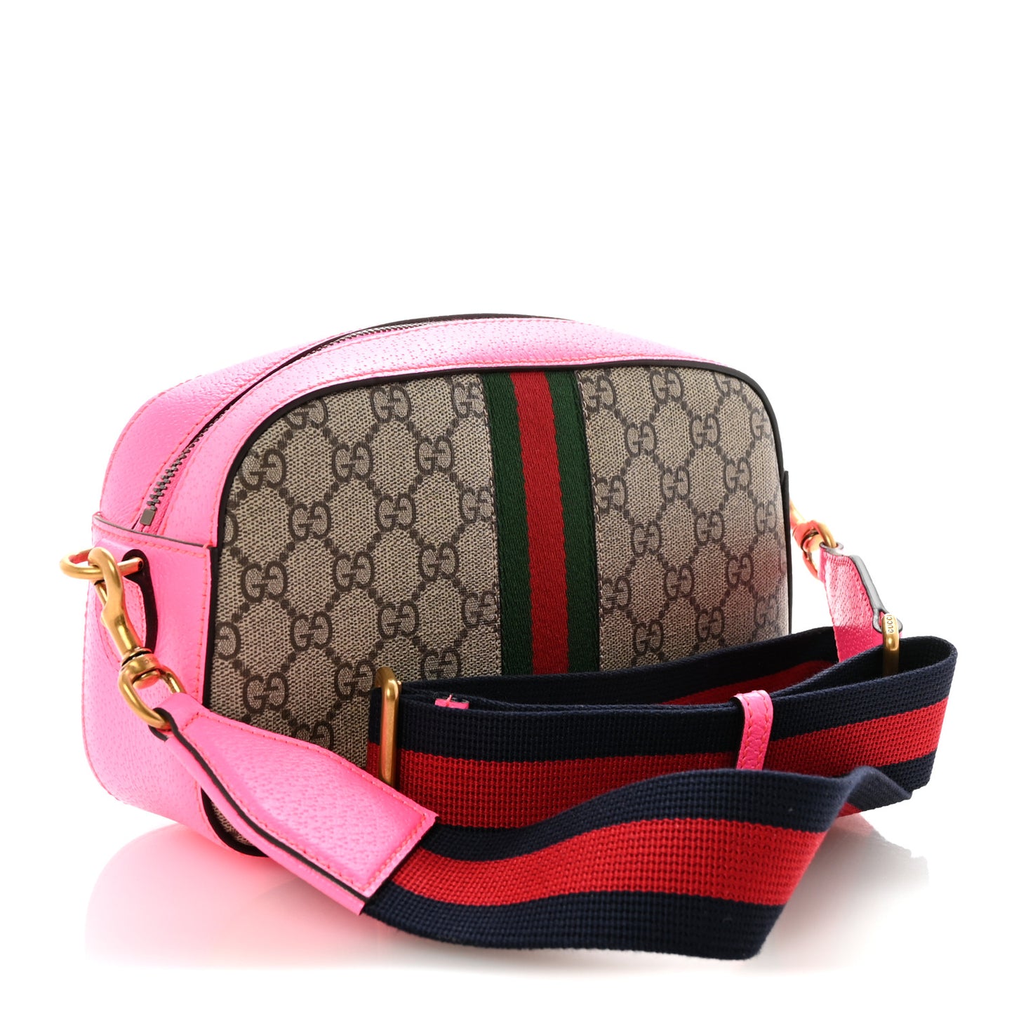 GG Supreme Monogram Textured Dollar Calfskin Web Ophidia Small Crossbody Bag Beige Ebony Fuchsia