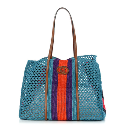Gucci Raffia Web Woven Interlocking G Tote Blue Multicolor 1 of 11