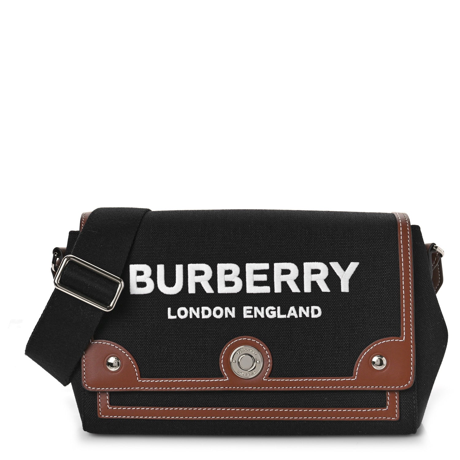Burberry Canvas Horseferry Print Note Crossbody Bag Black Tan 1 of 8