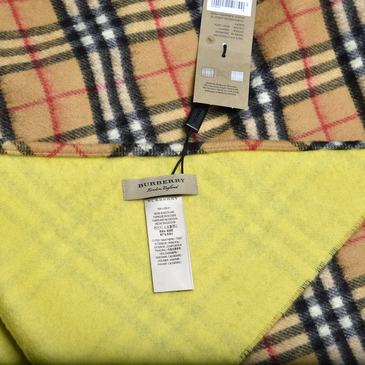 Burberry Cashmere Fluorescent Vintage Check Bandana Scarf Bright Lemon 5 of 5