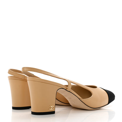 Chanel Goatskin Grosgrain Cap Toe CC Slingback Pumps 41 Beige Black 4 of 12