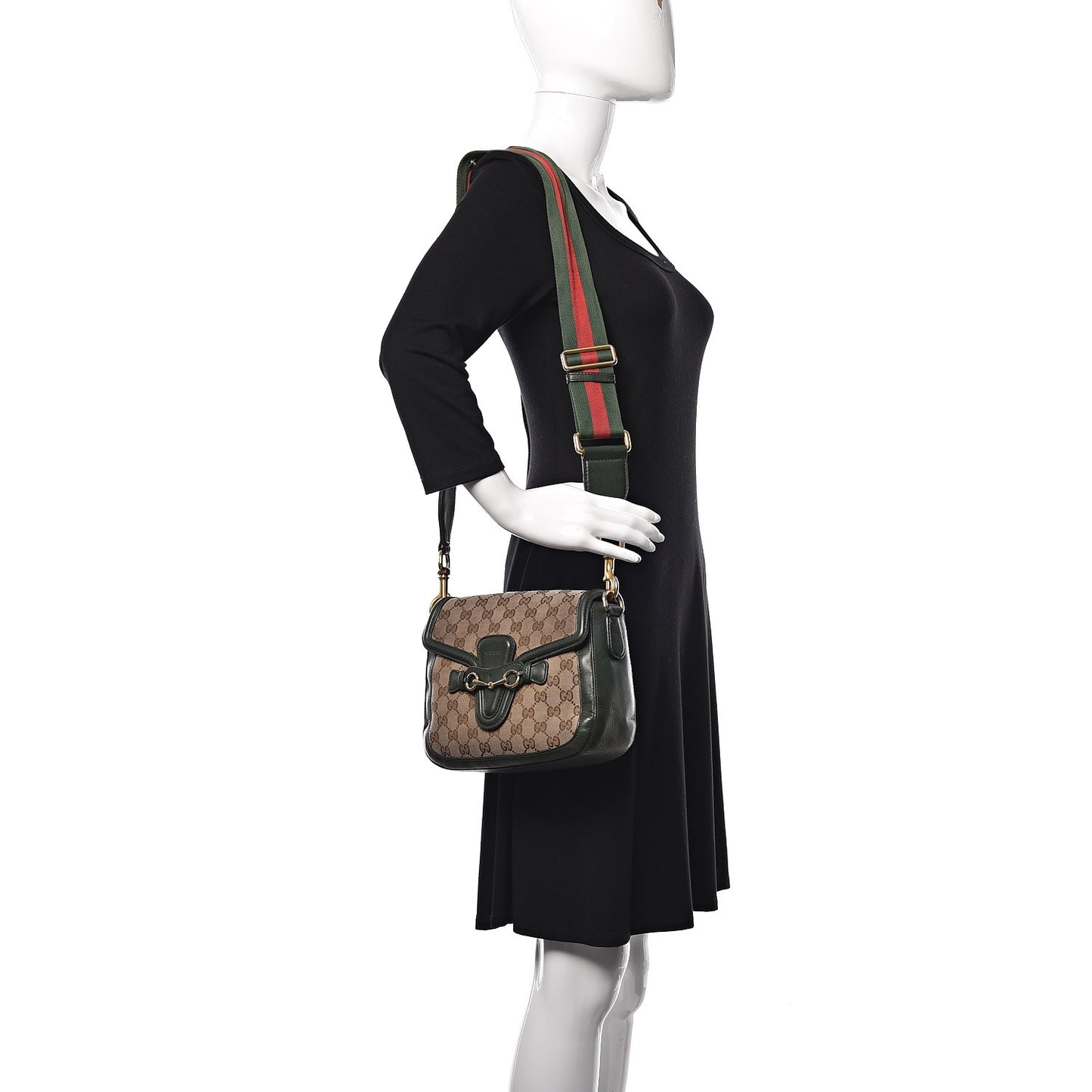 Monogram Calfskin Medium Lady Web Shoulder Bag Beige Green