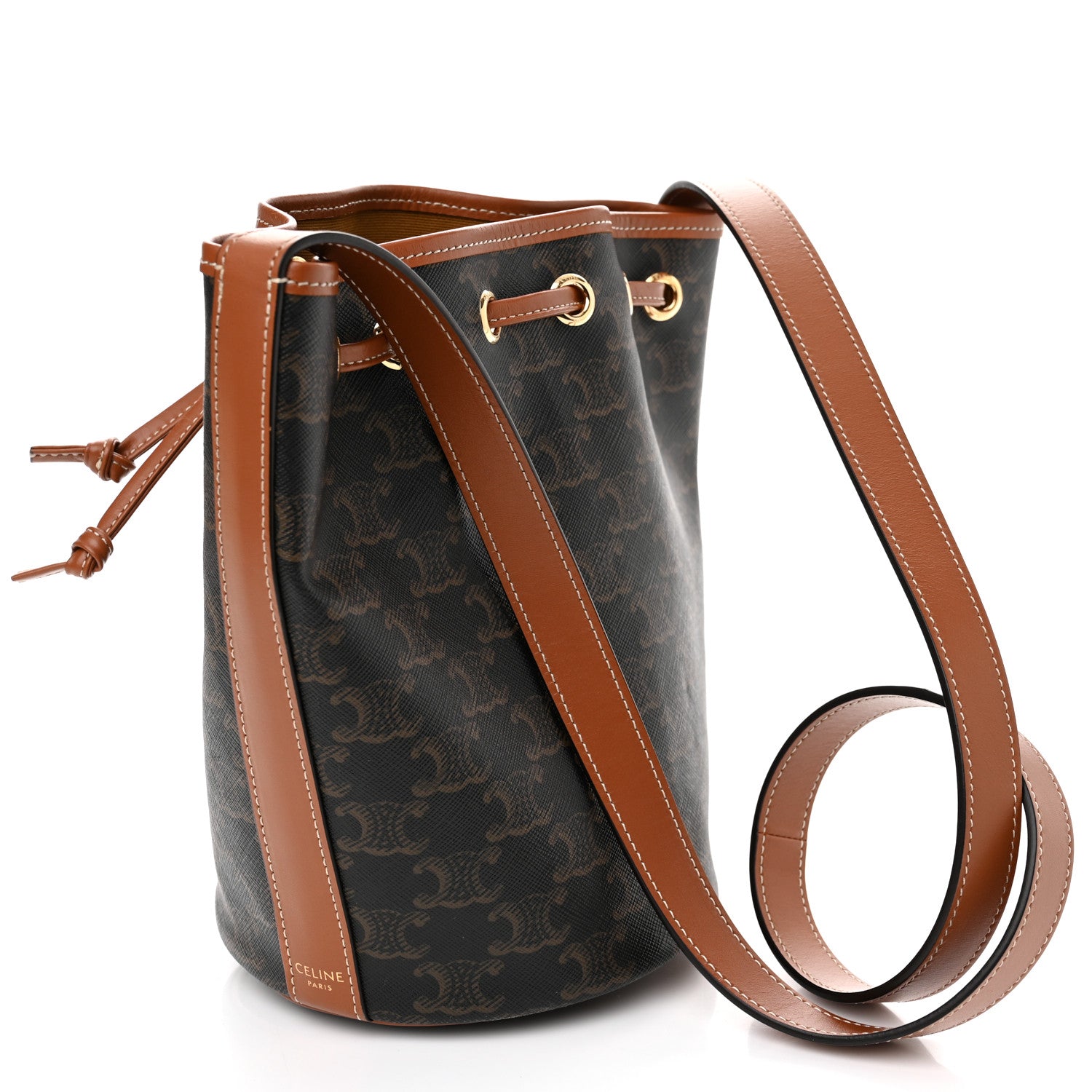 Celine Triomphe Canvas Calfskin Small Drawstring Bucket Bag Tan 3 of 10